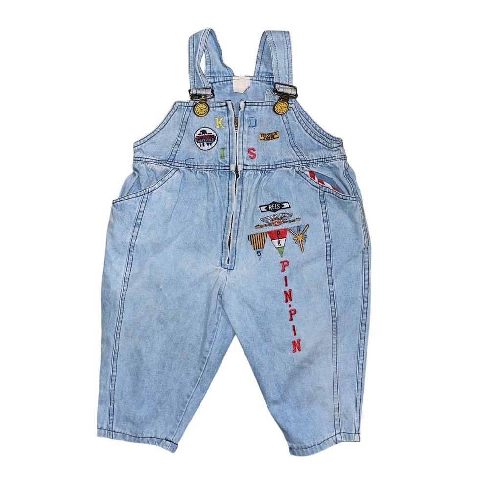 Vintage Kids Denim Overalls Light Wash Zip Front Embroidered Patches Size‎ 2T
